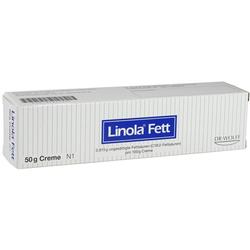 Eine weiße Schachtel mit der Aufschrift "Linola Fett" steht aufrecht.