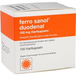 Weiße Packung mit orangen Details und der Aufschrift "ferro sanol duodenal".