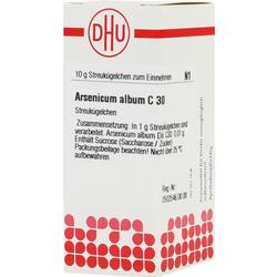 Die Verpackung zeigt "Arsenicum album C 30" als Streukügelchen gegen Beschwerden.
